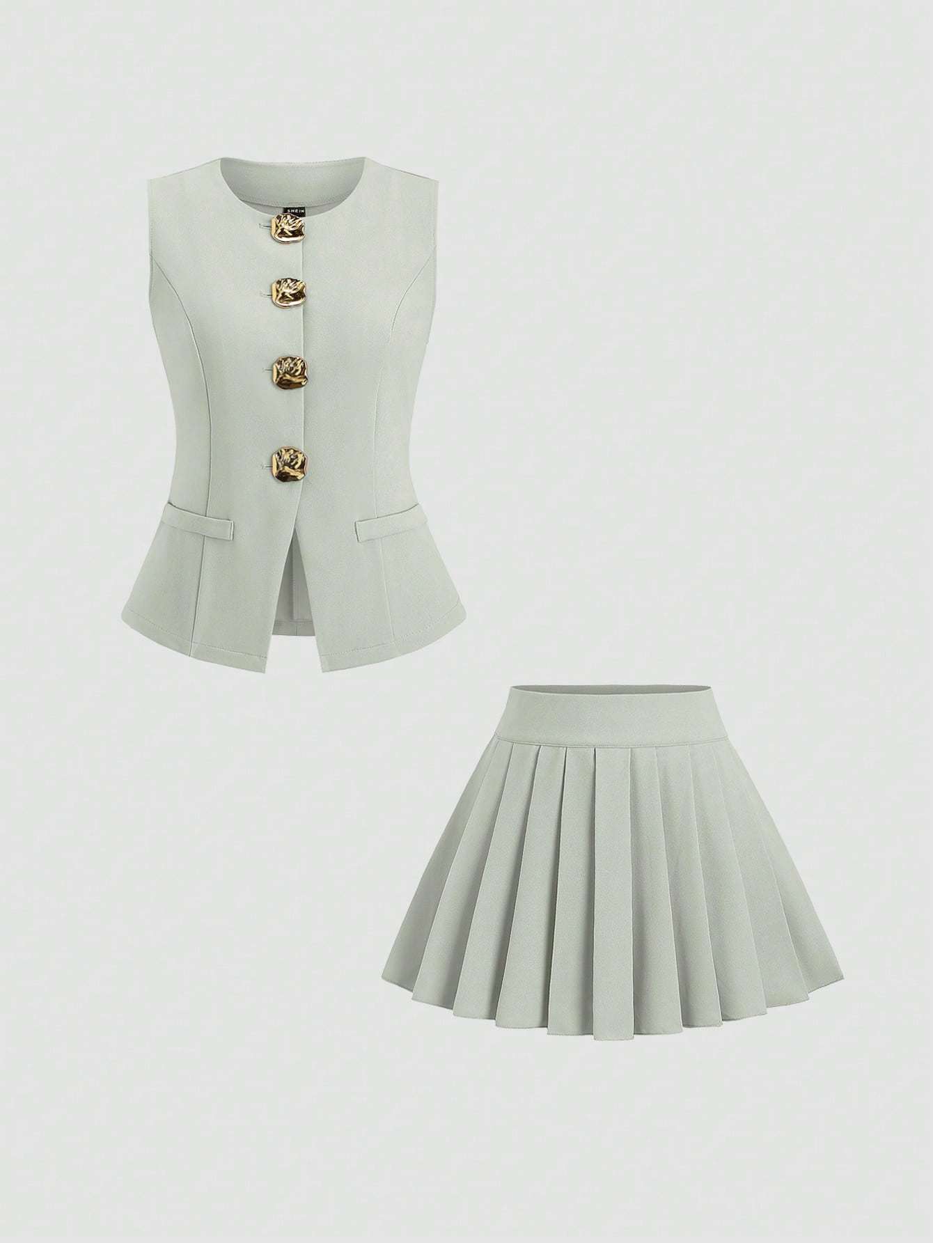 Women's Two-Piece Fashion Suit: Sleeveless Top with Pleated Skirt and Exquisite Button Decoration for Elegance - OFASHIONS