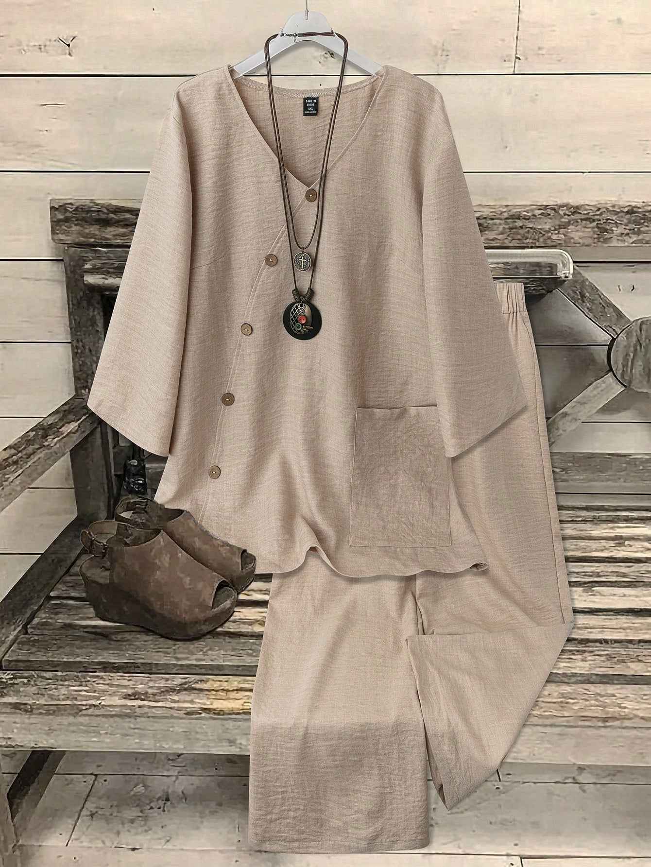 Ofashions Women's Casual Suit V-Neck 3/4 Sleeve Top + Straight Leg Pants 2 Pieces