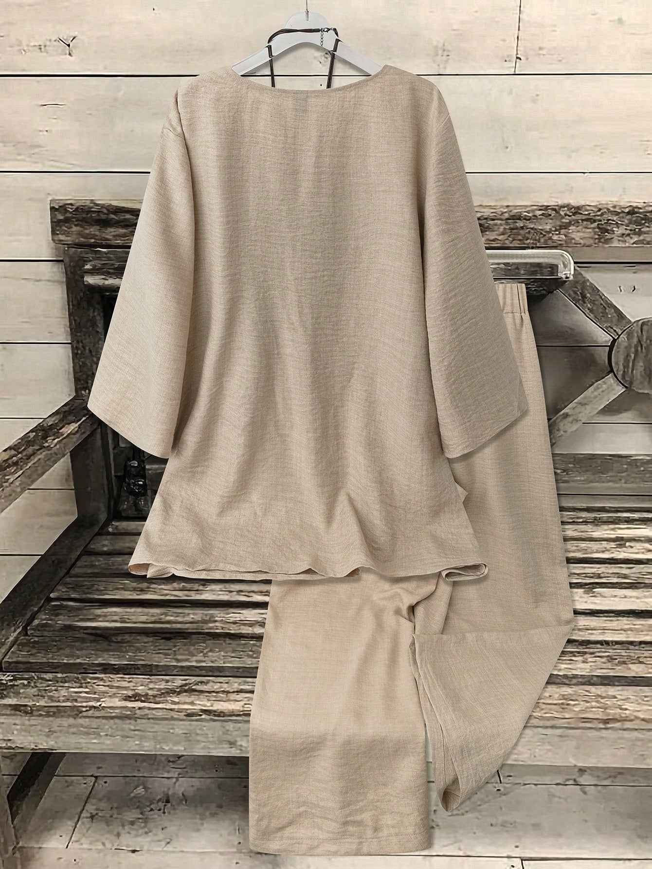Ofashions Women's Casual Suit V-Neck 3/4 Sleeve Top + Straight Leg Pants 2 Pieces