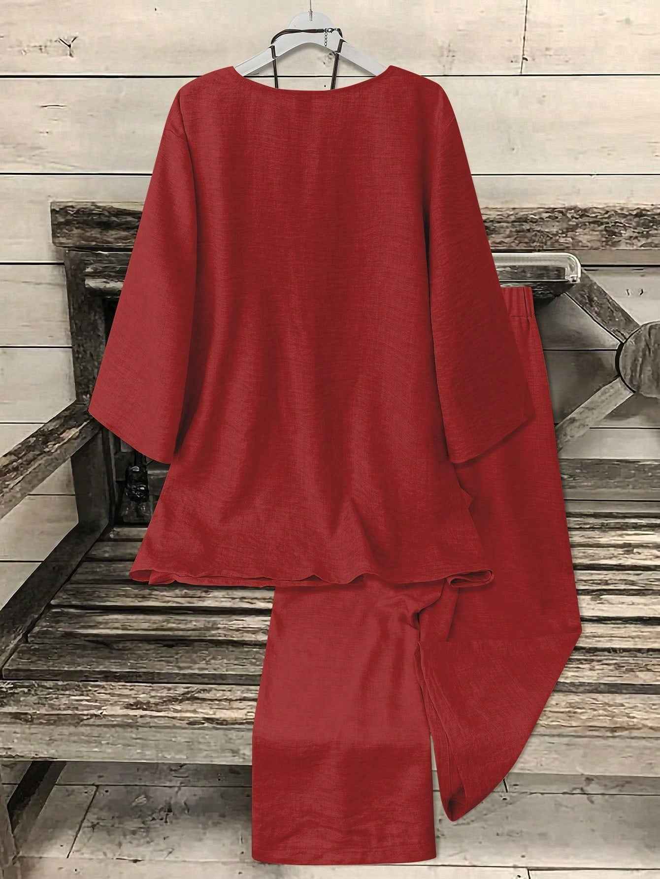Ofashions Women's Casual Suit V-Neck 3/4 Sleeve Top + Straight Leg Pants 2 Pieces