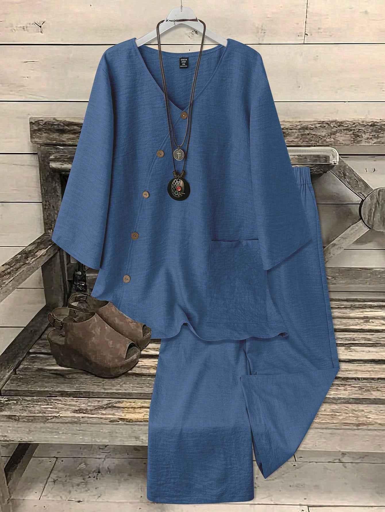 Ofashions Women's Casual Suit V-Neck 3/4 Sleeve Top + Straight Leg Pants 2 Pieces