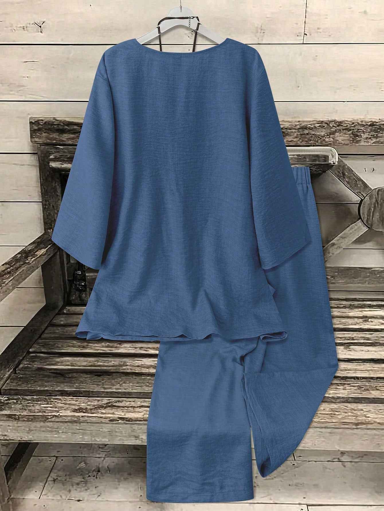 Ofashions Women's Casual Suit V-Neck 3/4 Sleeve Top + Straight Leg Pants 2 Pieces