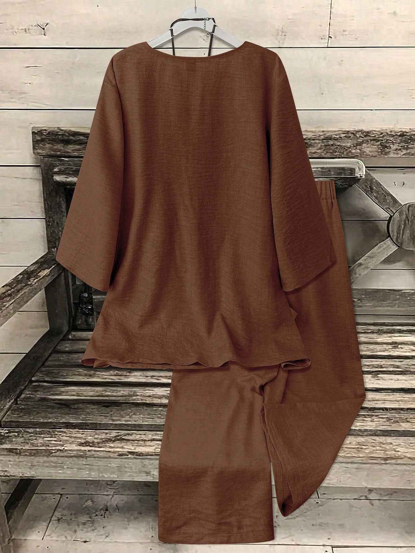 Ofashions Women's Casual Suit V-Neck 3/4 Sleeve Top + Straight Leg Pants 2 Pieces