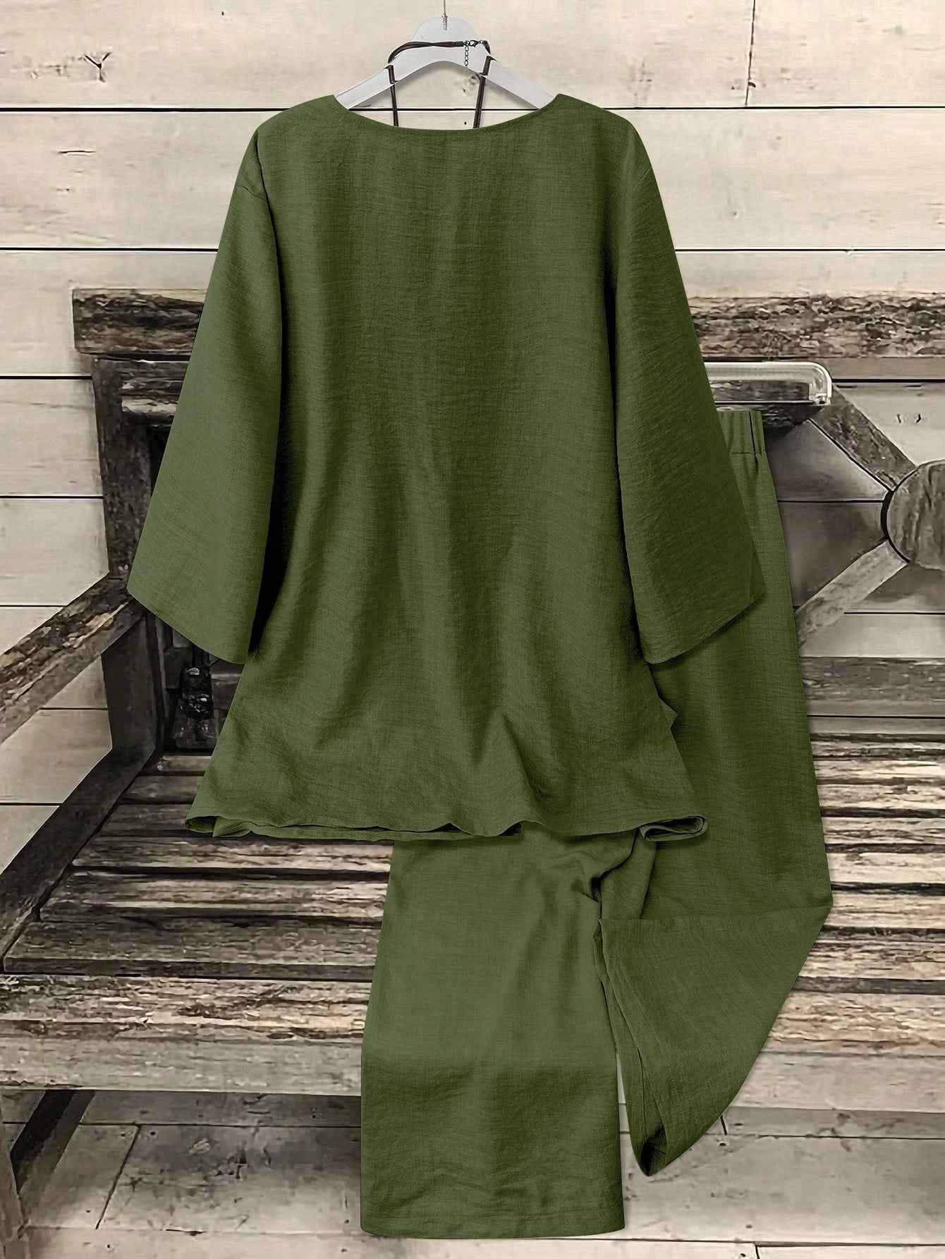 Ofashions Women's Casual Suit V-Neck 3/4 Sleeve Top + Straight Leg Pants 2 Pieces