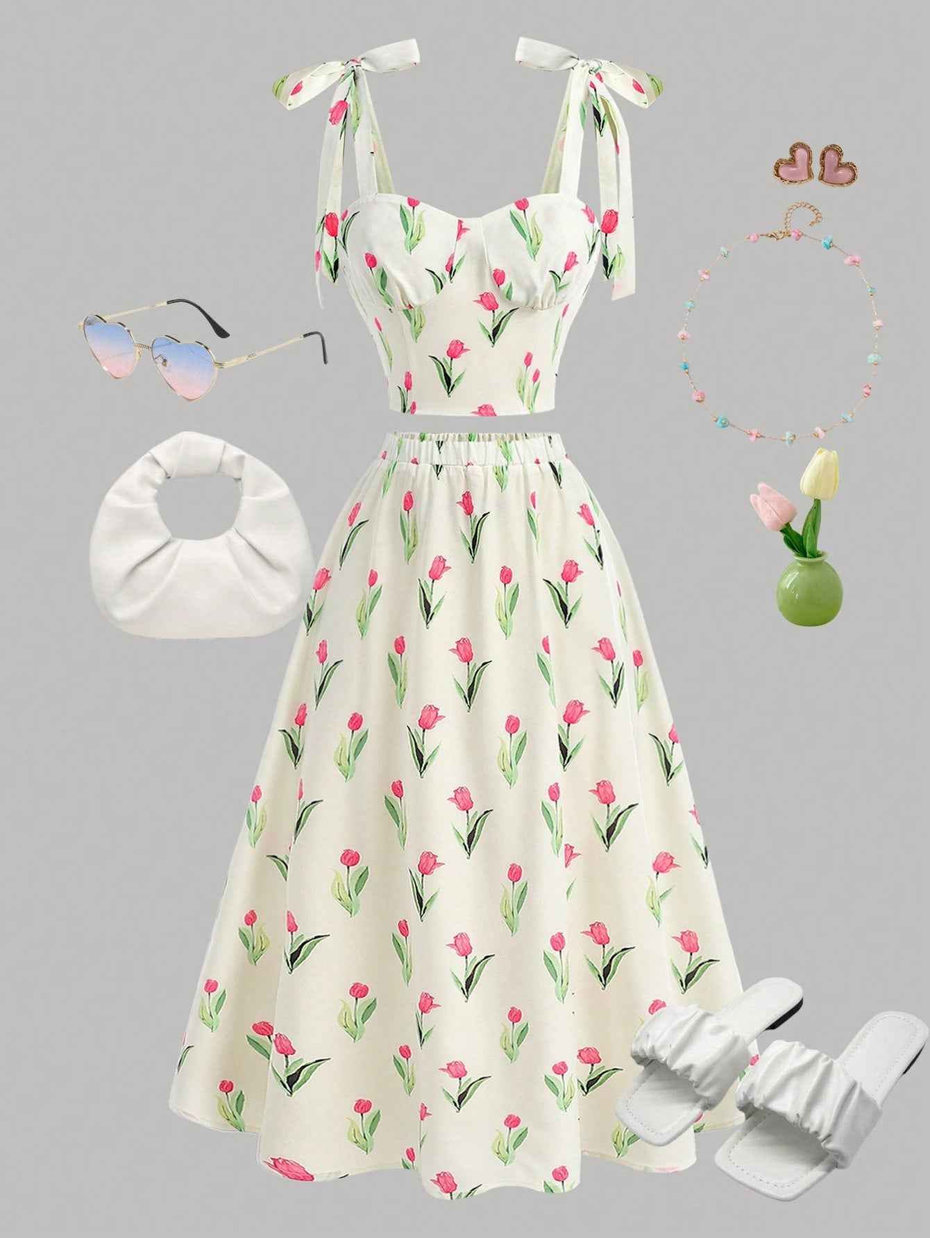 Ofashions Floral Print Summer Dress for Girls with Bow Tie Straps Sleeveless Outfit
