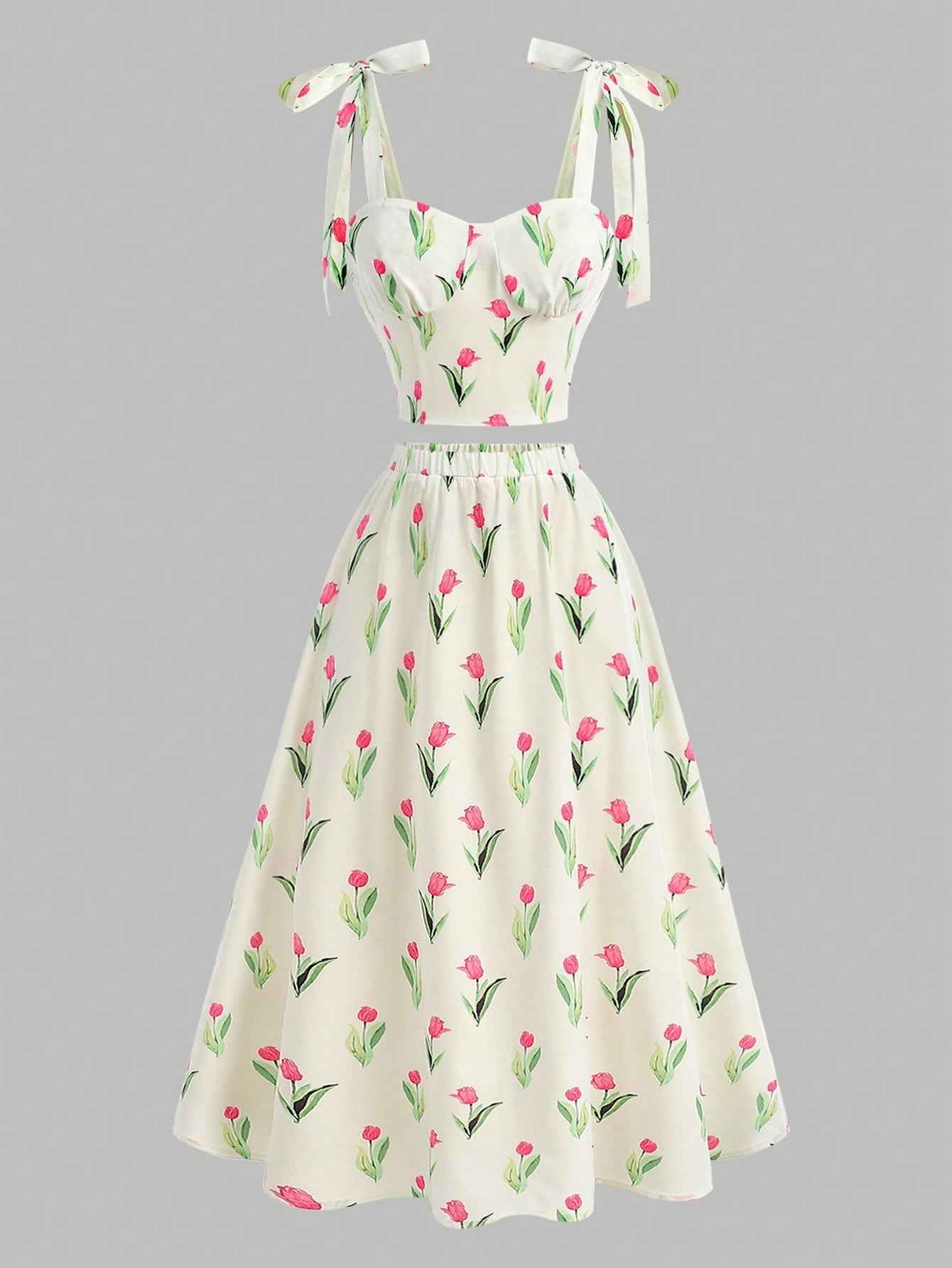 Ofashions Floral Print Summer Dress for Girls with Bow Tie Straps Sleeveless Outfit