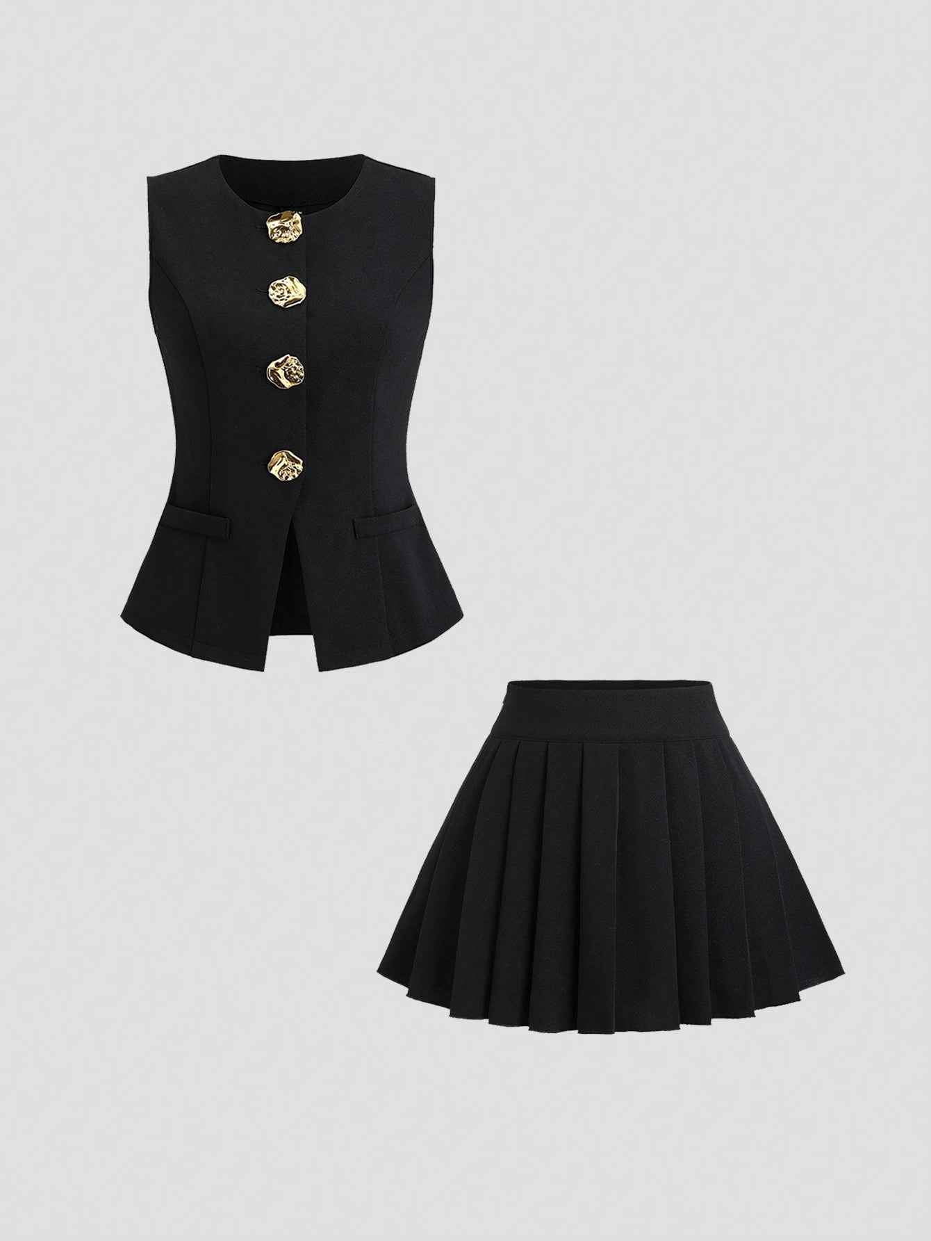 Women's Two-Piece Fashion Suit: Sleeveless Top with Pleated Skirt and Exquisite Button Decoration for Elegance