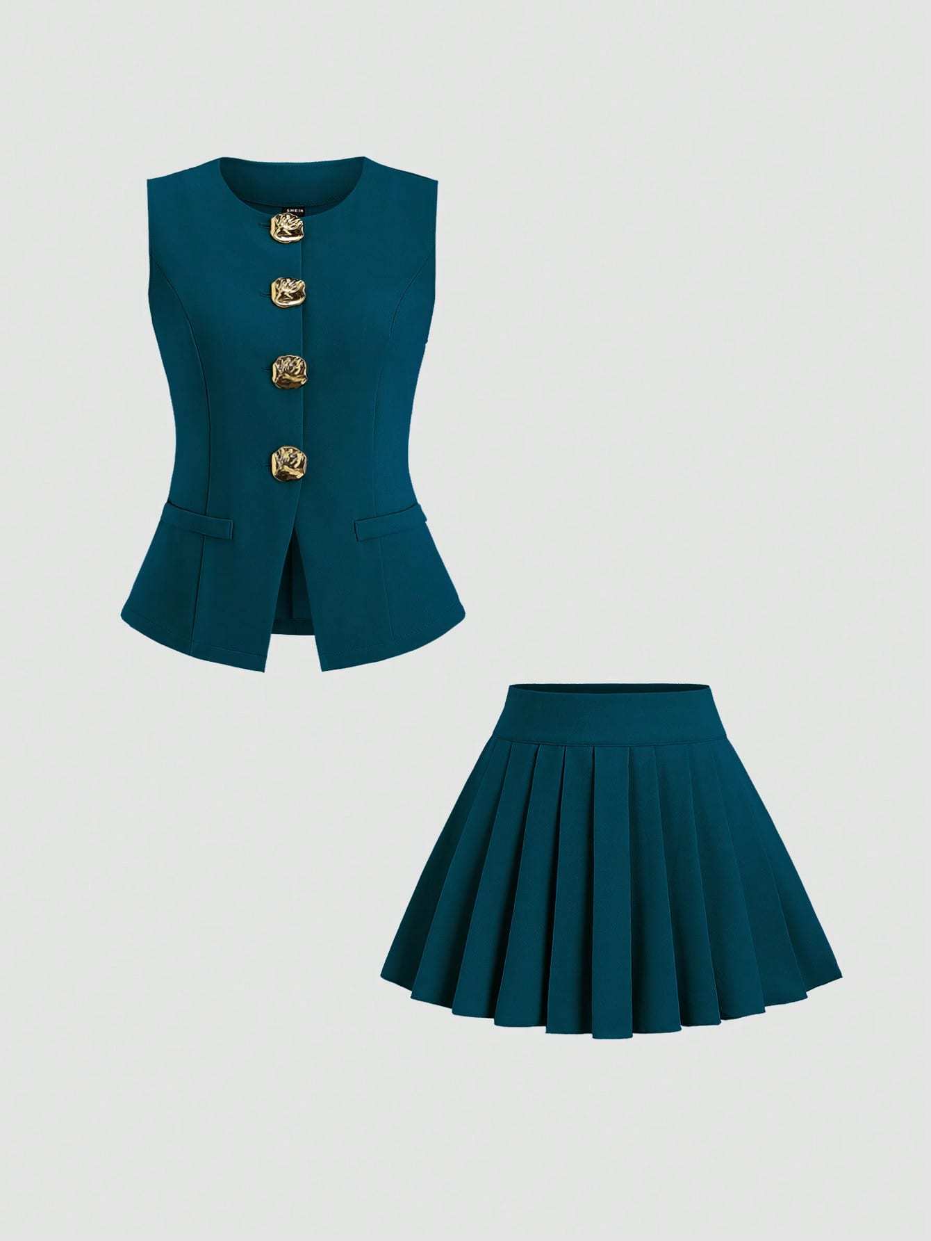 Women's Two-Piece Fashion Suit: Sleeveless Top with Pleated Skirt and Exquisite Button Decoration for Elegance - OFASHIONS