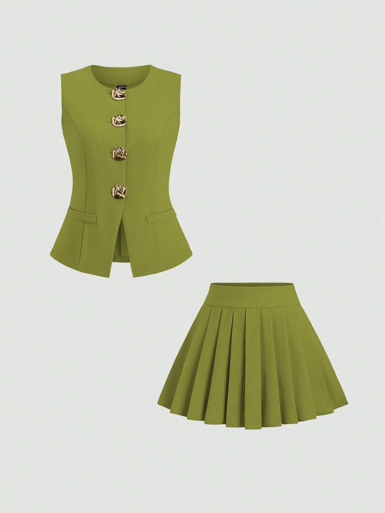 Women's Two-Piece Fashion Suit: Sleeveless Top with Pleated Skirt and Exquisite Button Decoration for Elegance - OFASHIONS