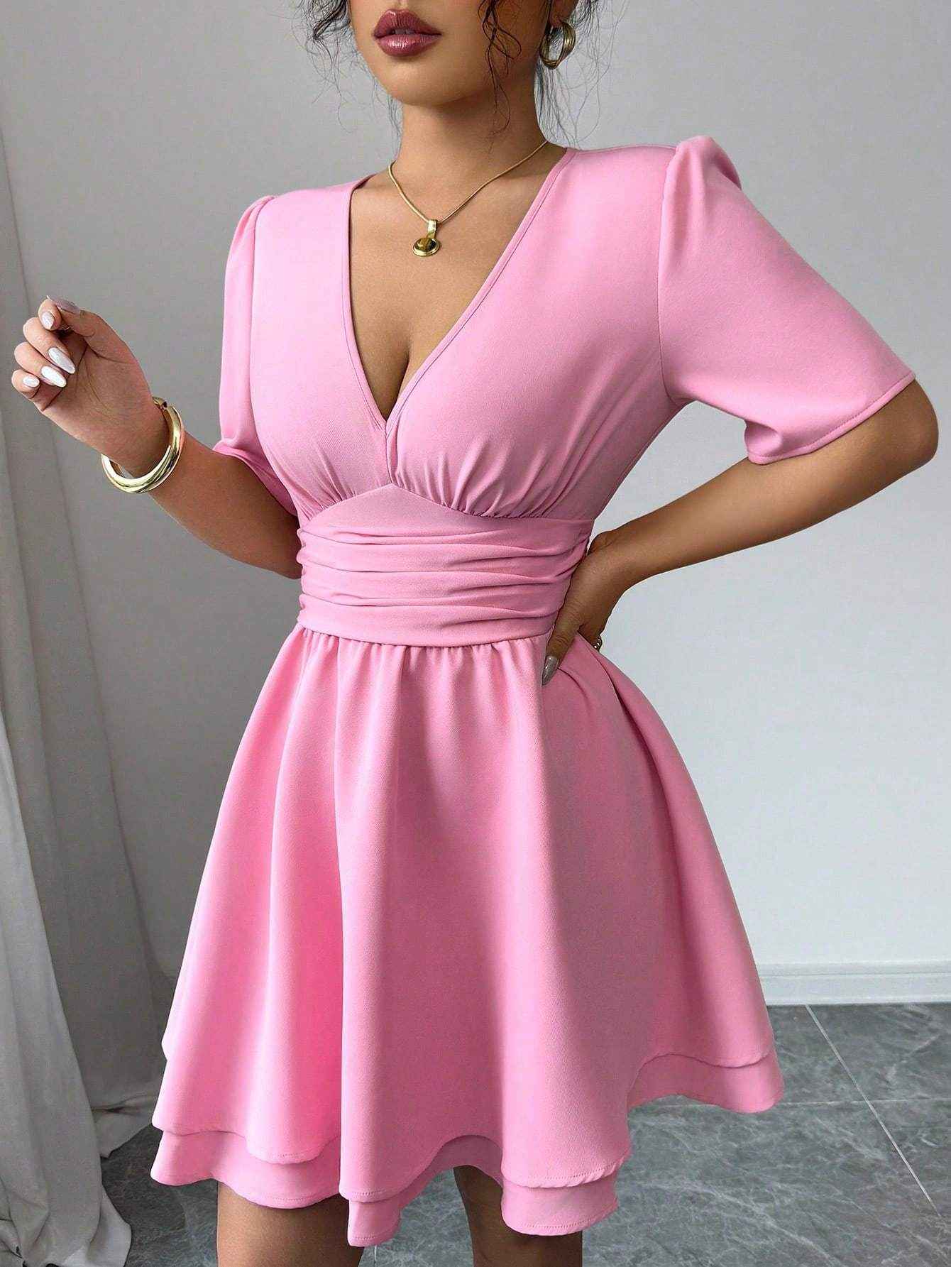 Pink Short-Sleeved Dress with Waist Strap Design for Sweet Style Daily Wear