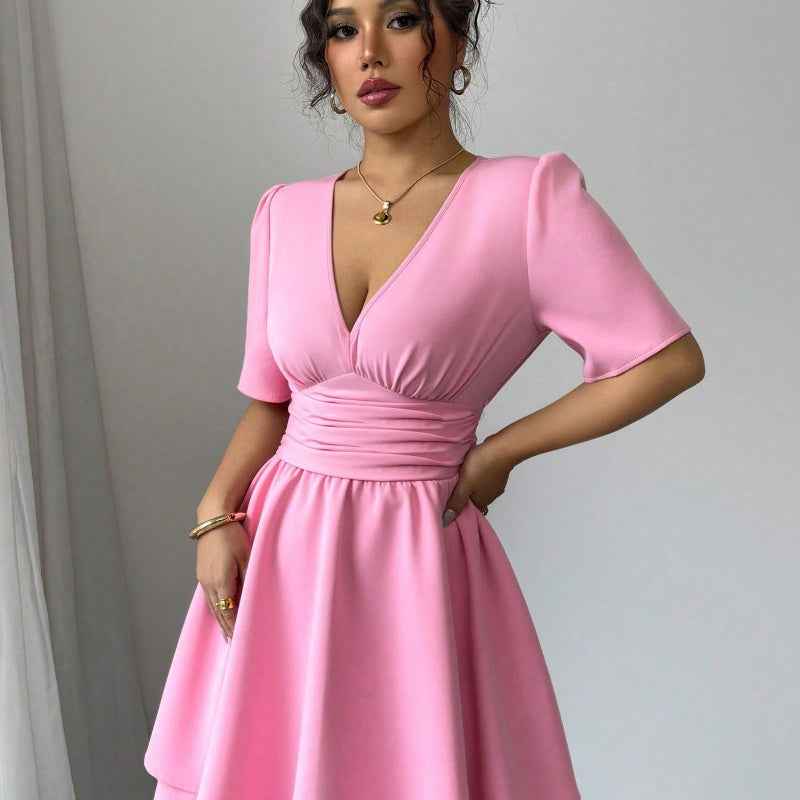 Pink Short-Sleeved Dress with Waist Strap Design for Sweet Style Daily Wear