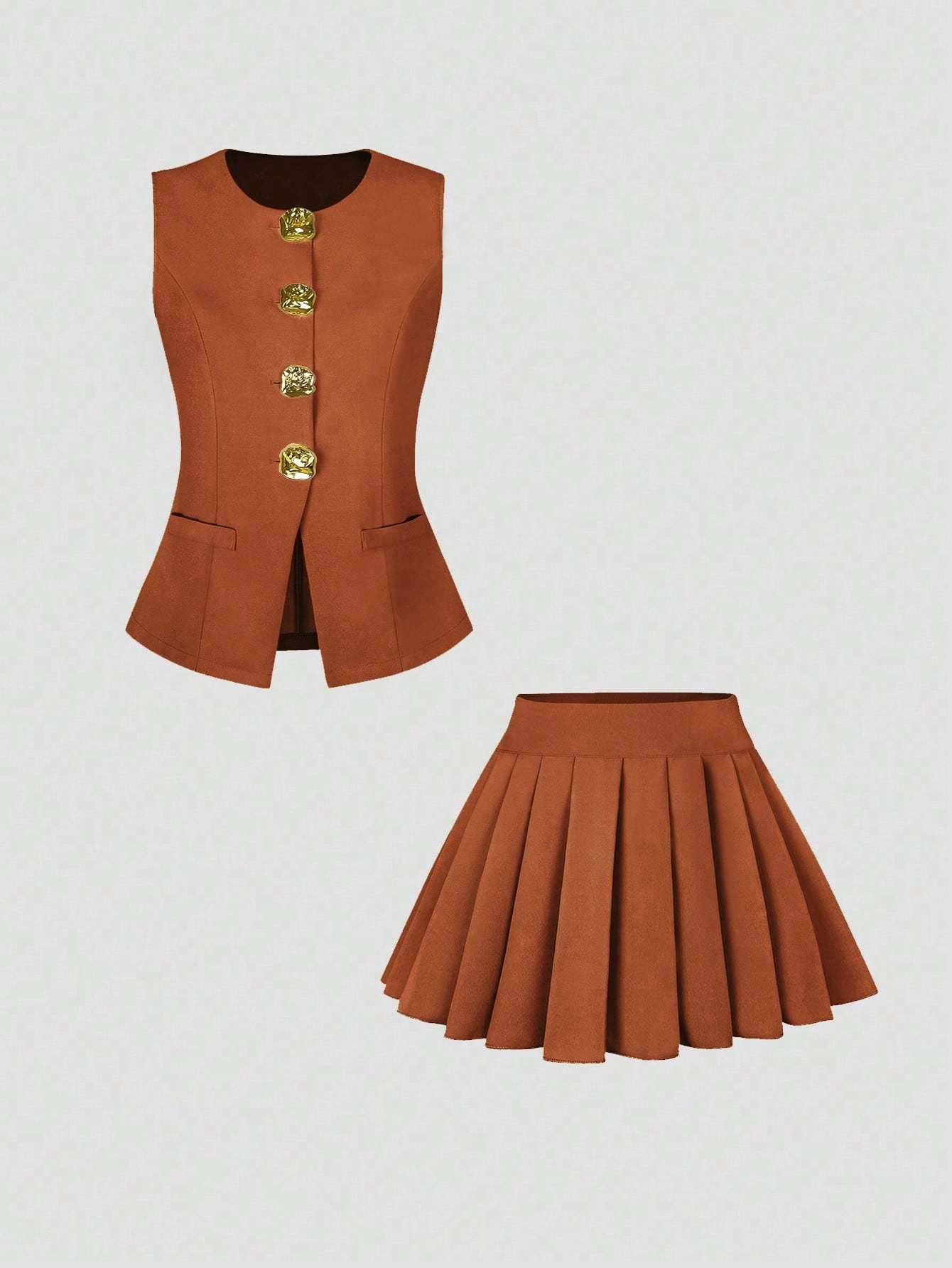 Women's Two-Piece Fashion Suit: Sleeveless Top with Pleated Skirt and Exquisite Button Decoration for Elegance - OFASHIONS