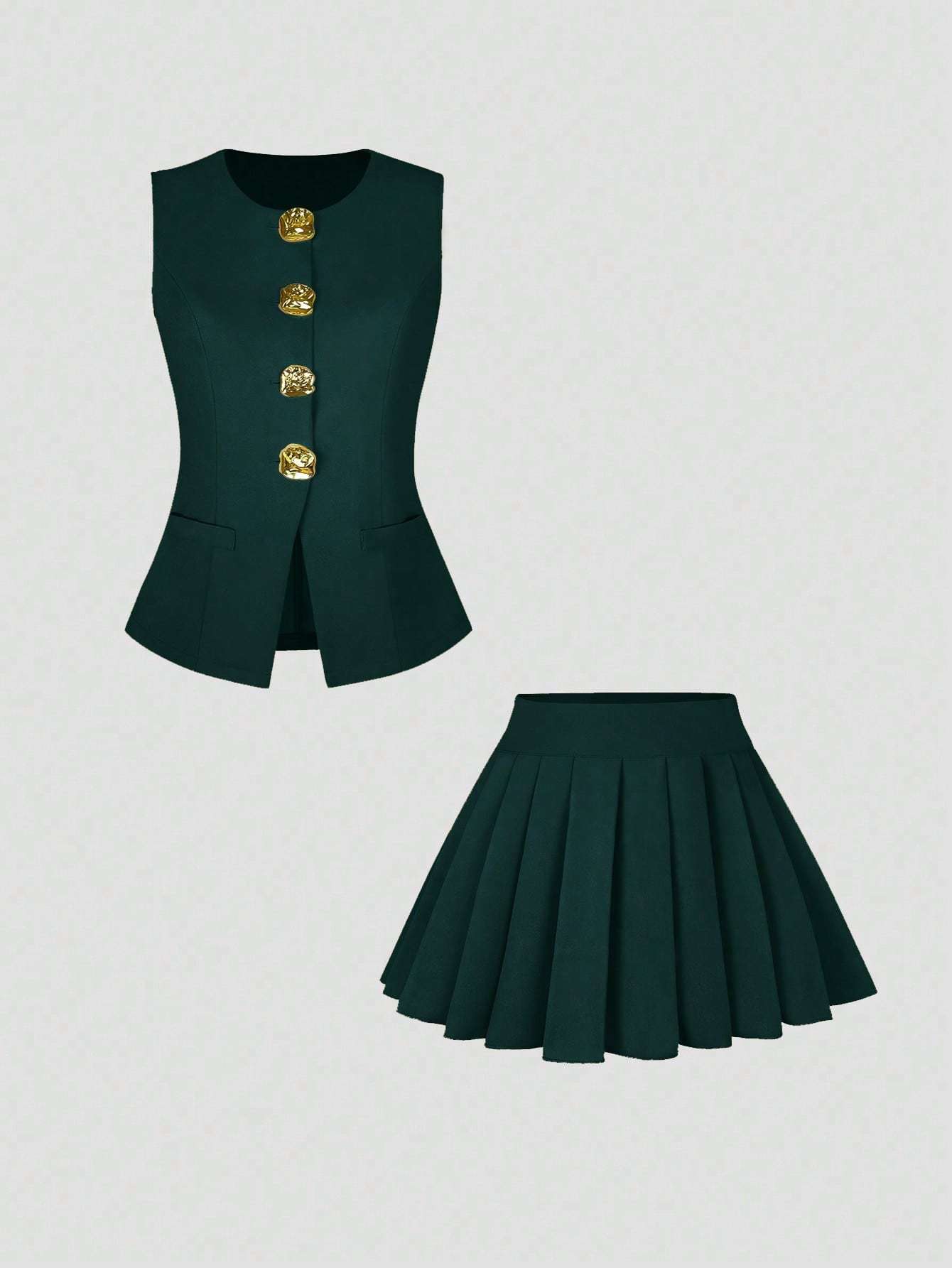 Women's Two-Piece Fashion Suit: Sleeveless Top with Pleated Skirt and Exquisite Button Decoration for Elegance - OFASHIONS