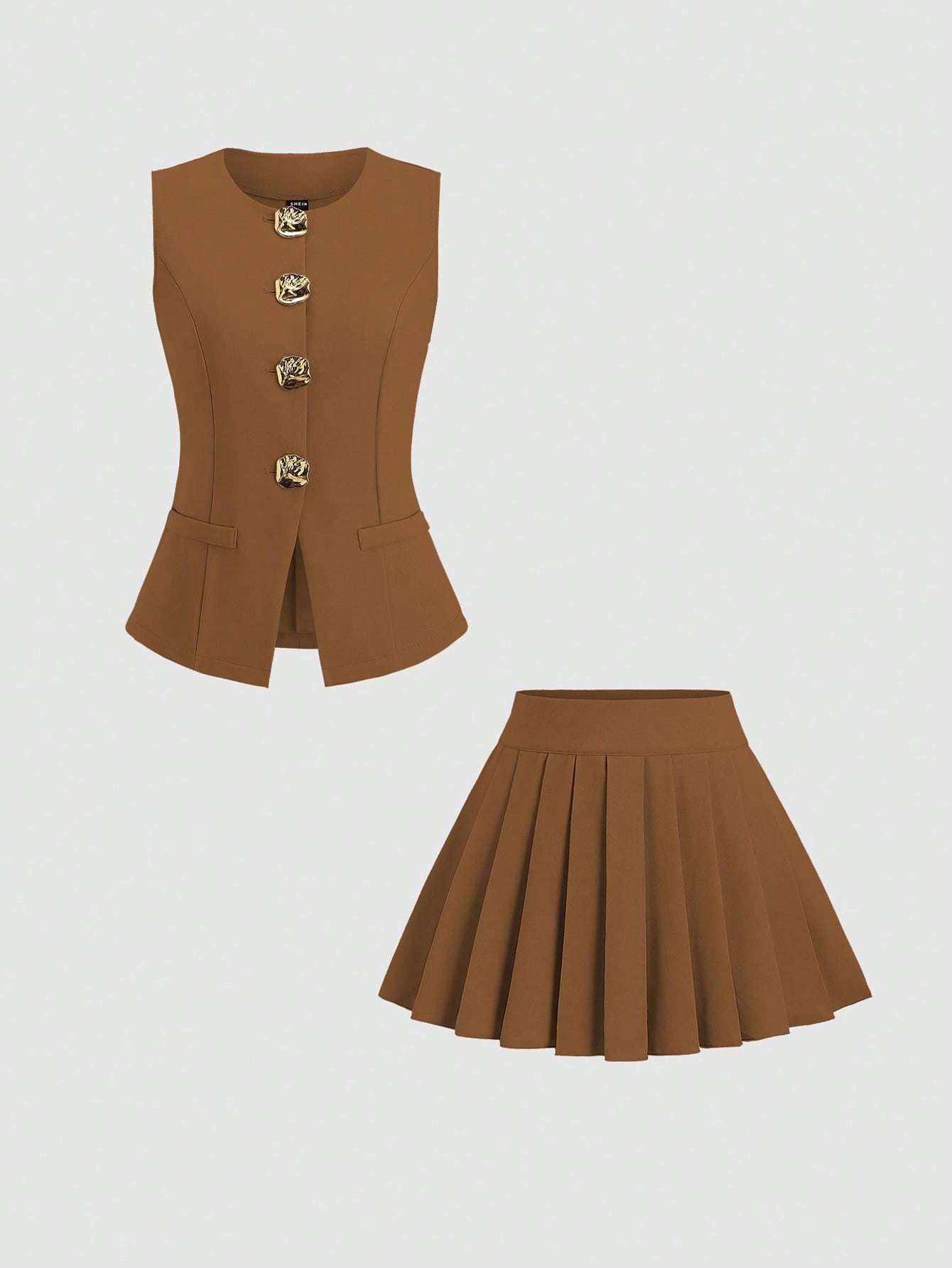 Women's Two-Piece Fashion Suit: Sleeveless Top with Pleated Skirt and Exquisite Button Decoration for Elegance - OFASHIONS