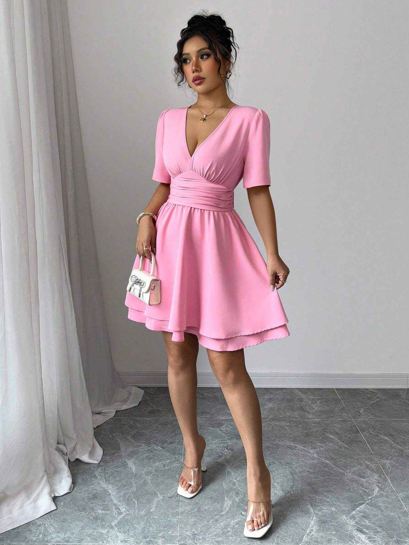Pink Short-Sleeved Dress with Waist Strap Design for Sweet Style Daily Wear