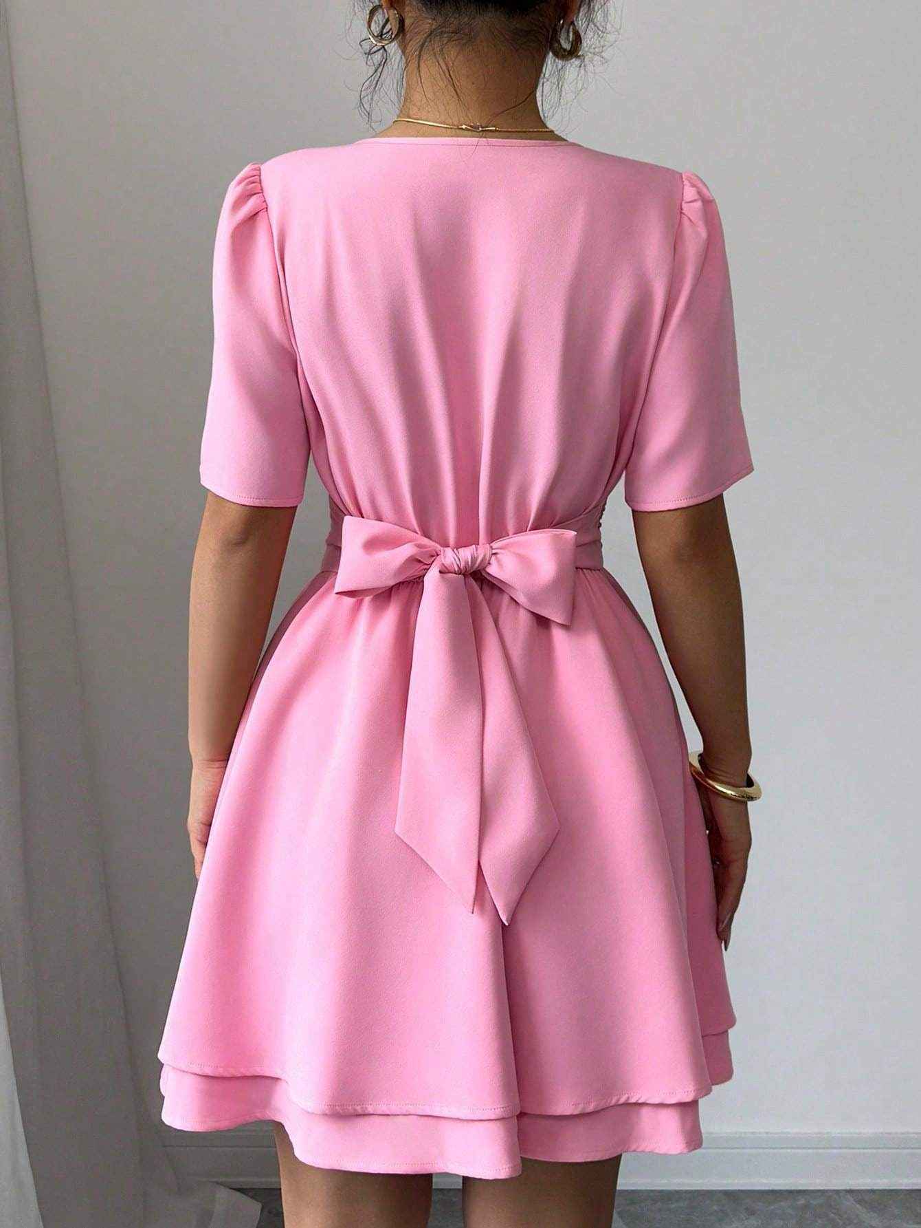 Pink Short-Sleeved Dress with Waist Strap Design for Sweet Style Daily Wear