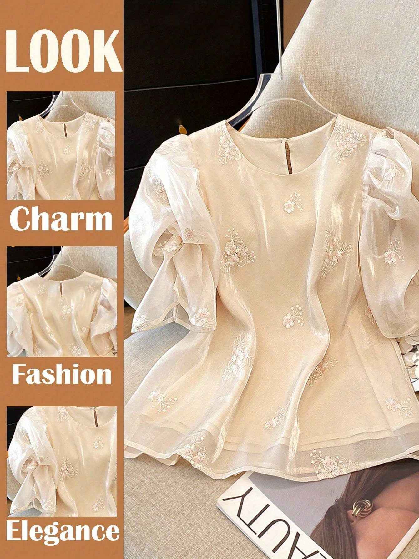 Exquisite embroidered bubble sleeve shirt, elegant charm, fashion design, daily wear preferred, women's shirt boutique.