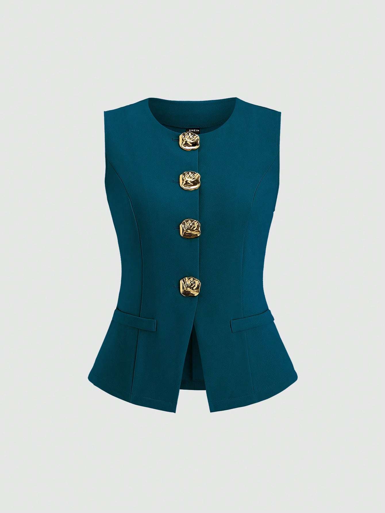 Women's Two-Piece Fashion Suit: Sleeveless Top with Pleated Skirt and Exquisite Button Decoration for Elegance - OFASHIONS