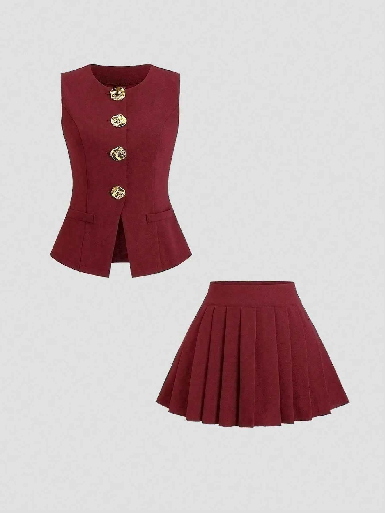 Women's Two-Piece Fashion Suit: Sleeveless Top with Pleated Skirt and Exquisite Button Decoration for Elegance