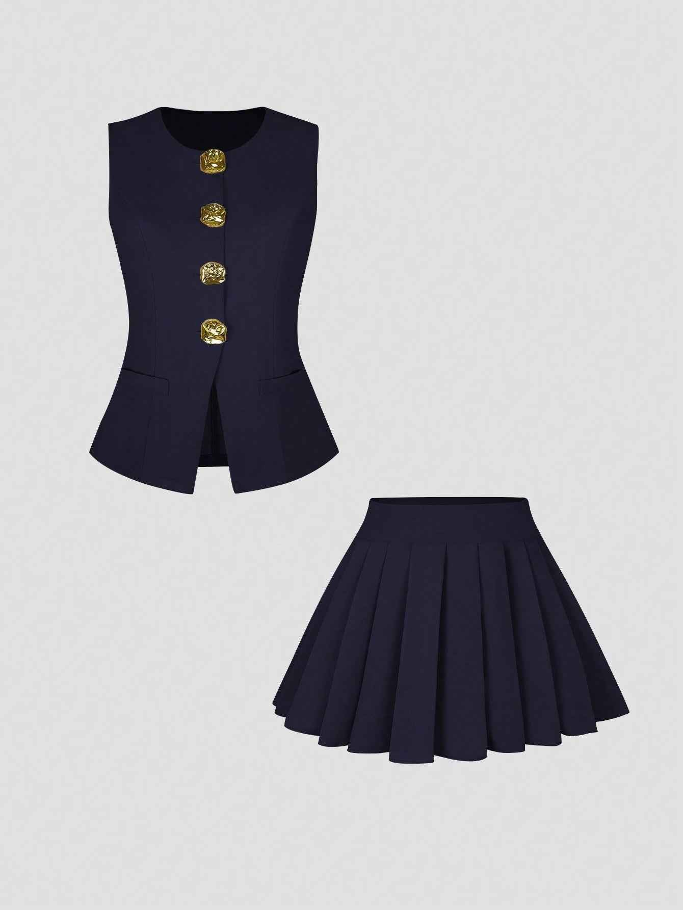 Women's Two-Piece Fashion Suit: Sleeveless Top with Pleated Skirt and Exquisite Button Decoration for Elegance