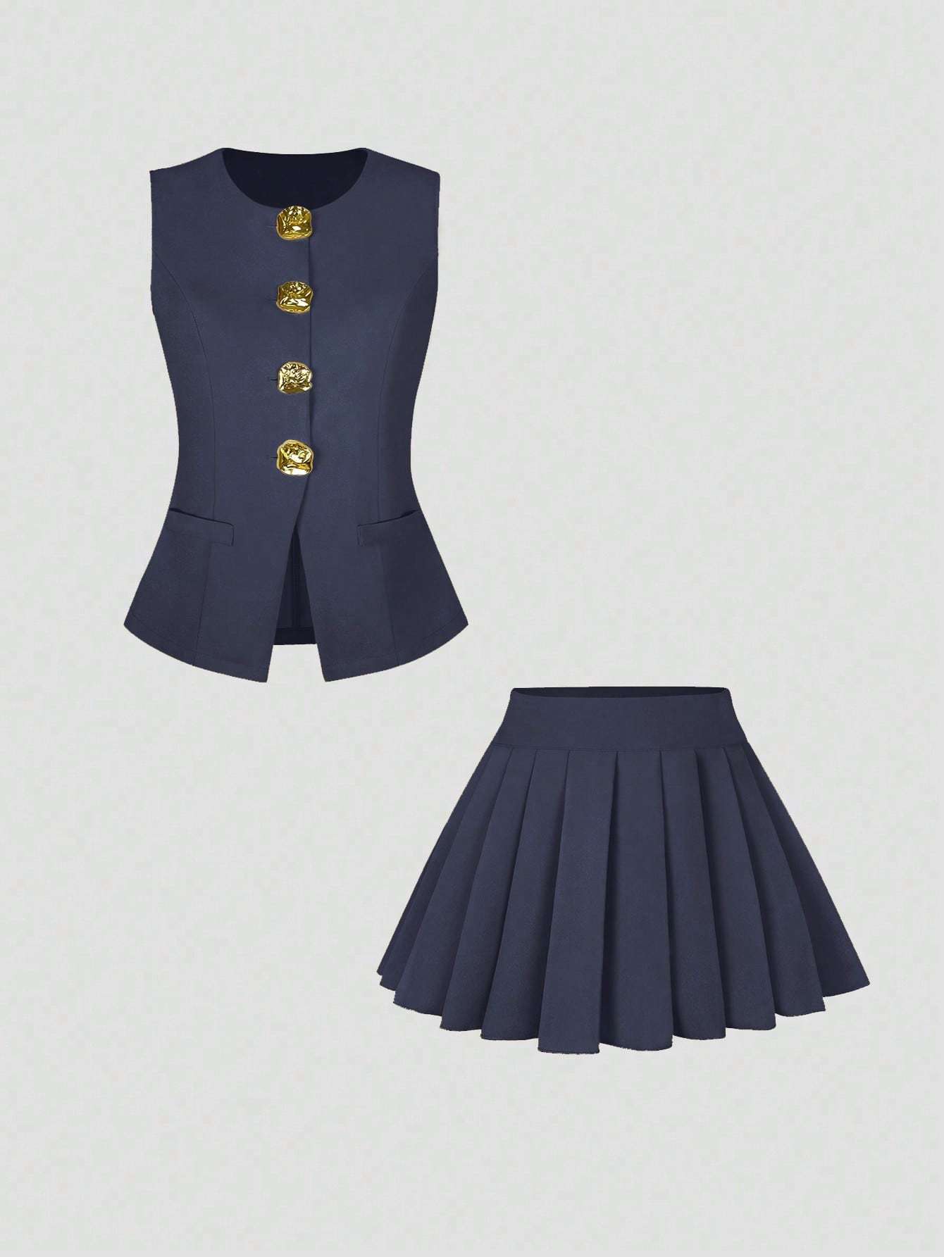 Women's Two-Piece Fashion Suit: Sleeveless Top with Pleated Skirt and Exquisite Button Decoration for Elegance - OFASHIONS