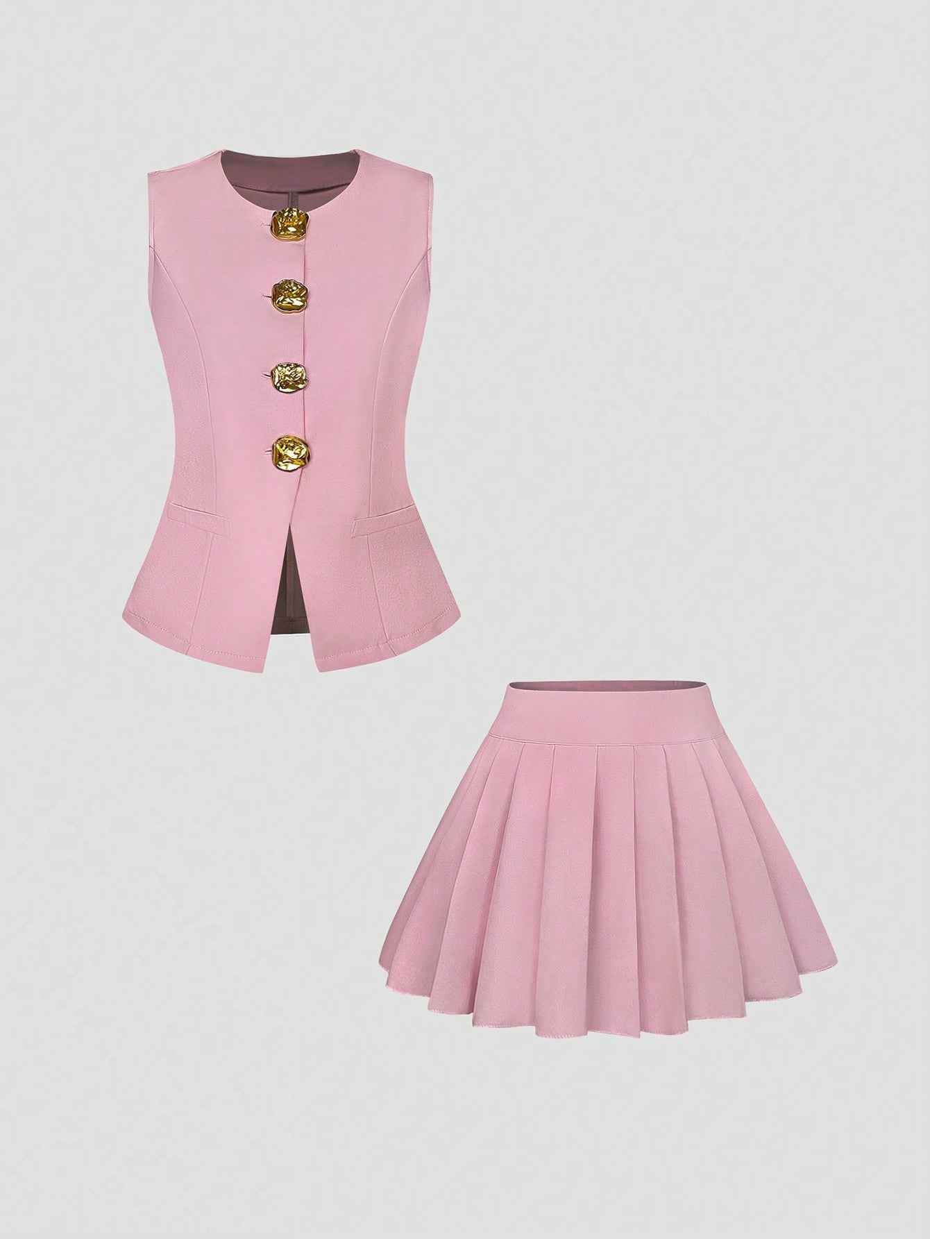 Women's Two-Piece Fashion Suit: Sleeveless Top with Pleated Skirt and Exquisite Button Decoration for Elegance