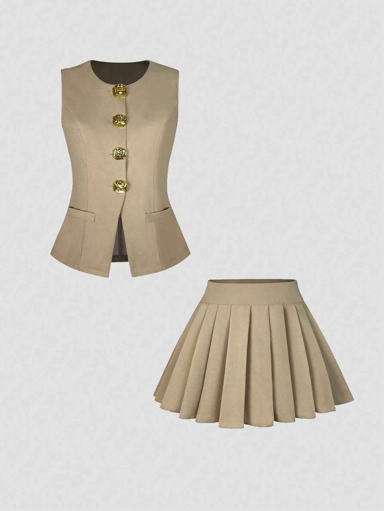 Women's Two-Piece Fashion Suit: Sleeveless Top with Pleated Skirt and Exquisite Button Decoration for Elegance