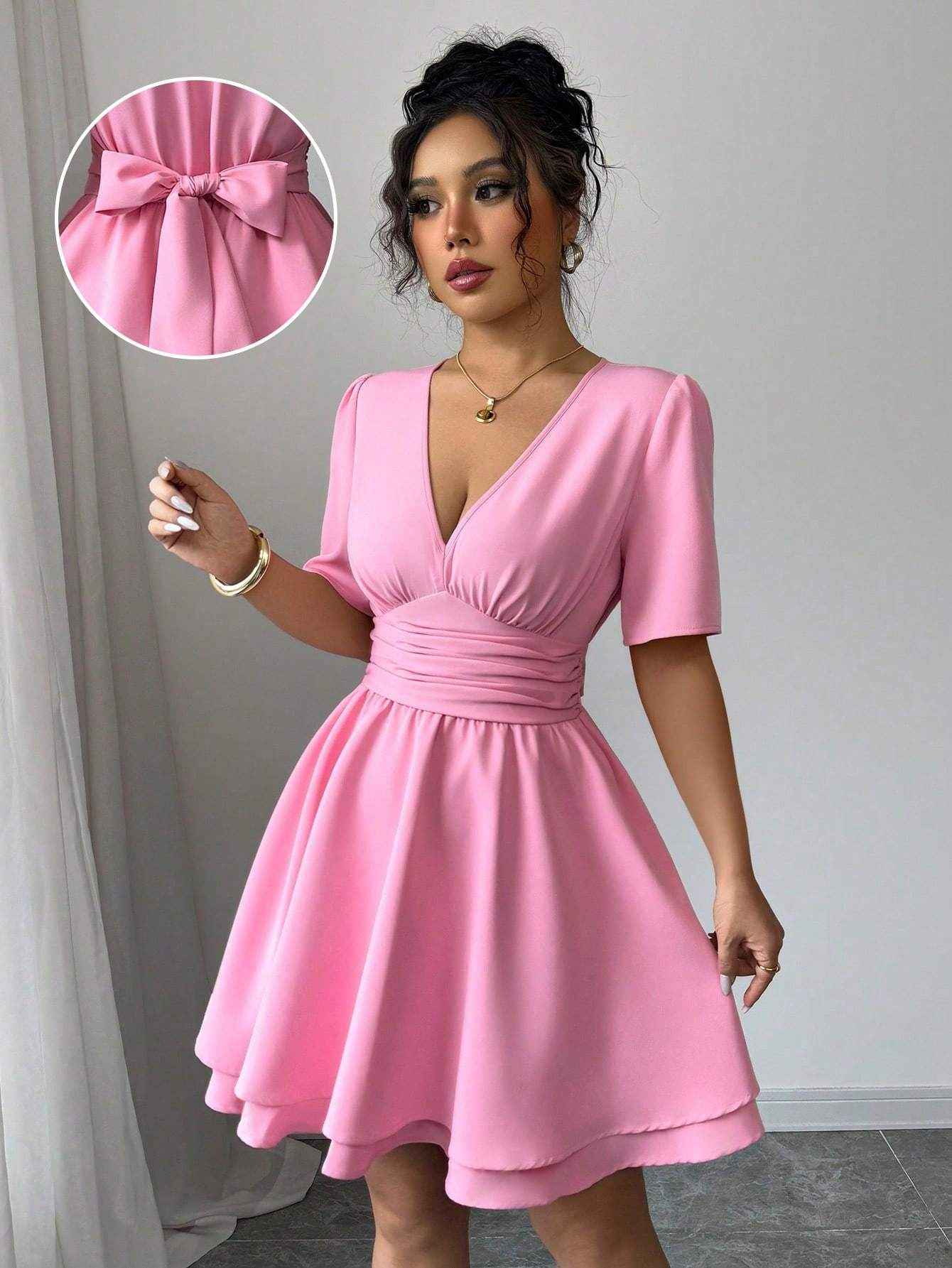 Pink Short-Sleeved Dress with Waist Strap Design for Sweet Style Daily Wear