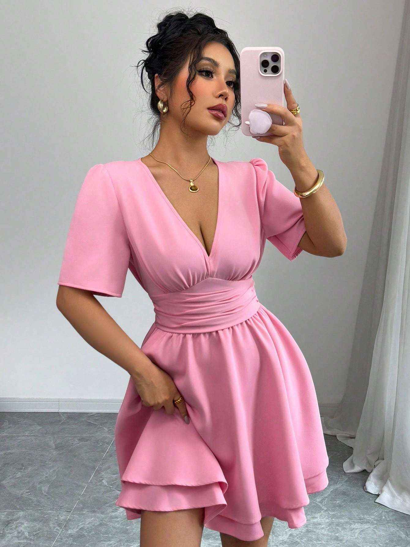 Ofashions V-Neck Bodycon Dress for Women - Short Sleeve with Waist Tie Belt in Vibrant Pink, Elegant Summer Party Dress