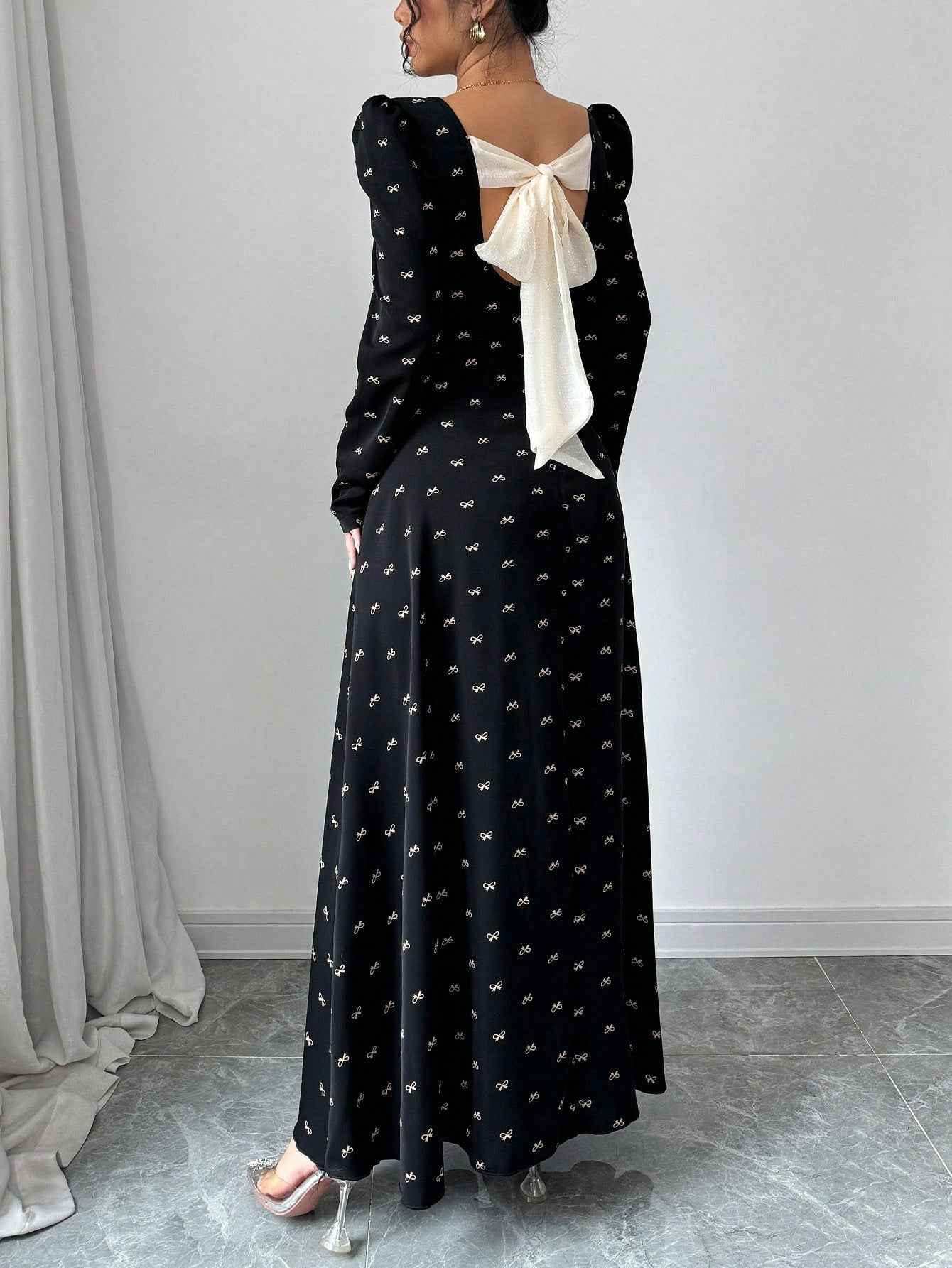 Women's A-Line Bow Print Dress for Spring & Summer