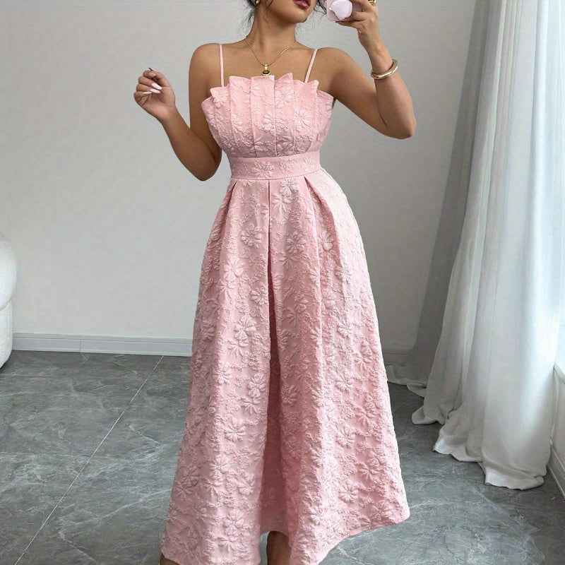 Pink suspender dress | Chest pleated design, sweet style women's clothing, skirt with exquisite patterns.