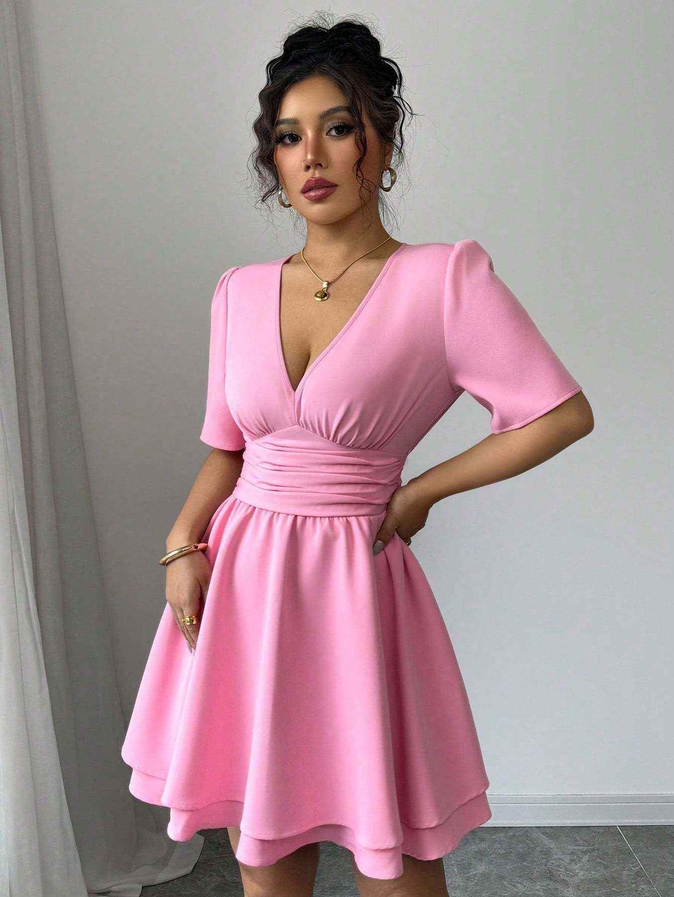 Ofashions V-Neck Bodycon Dress for Women - Short Sleeve with Waist Tie Belt in Vibrant Pink, Elegant Summer Party Dress