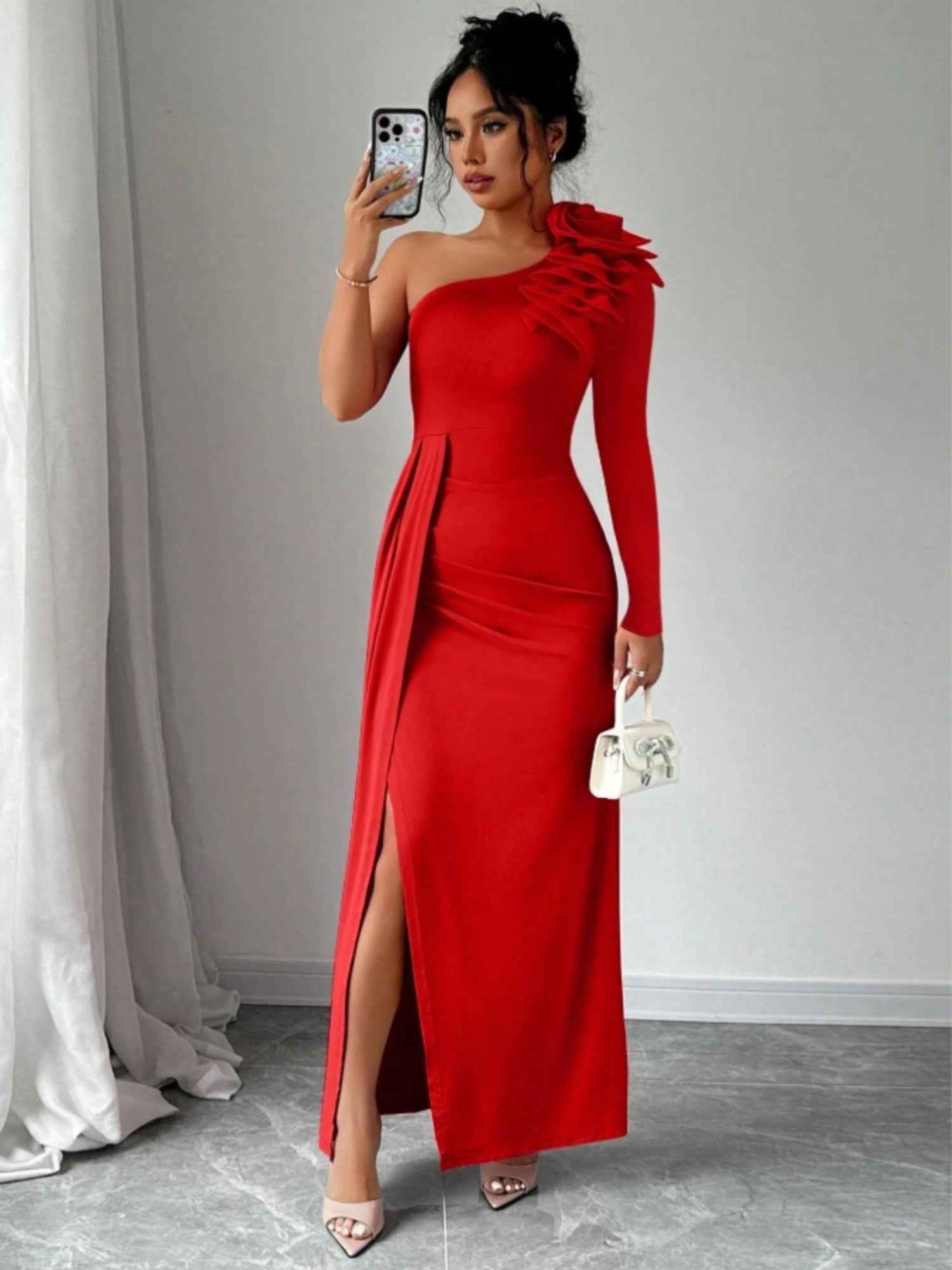 Elegant One-Shoulder Red Dress for Women - Ofashions dress dress code dress to impress dress to impress codes dress shirt dresses dress up darling dresses for women dresser dressing table