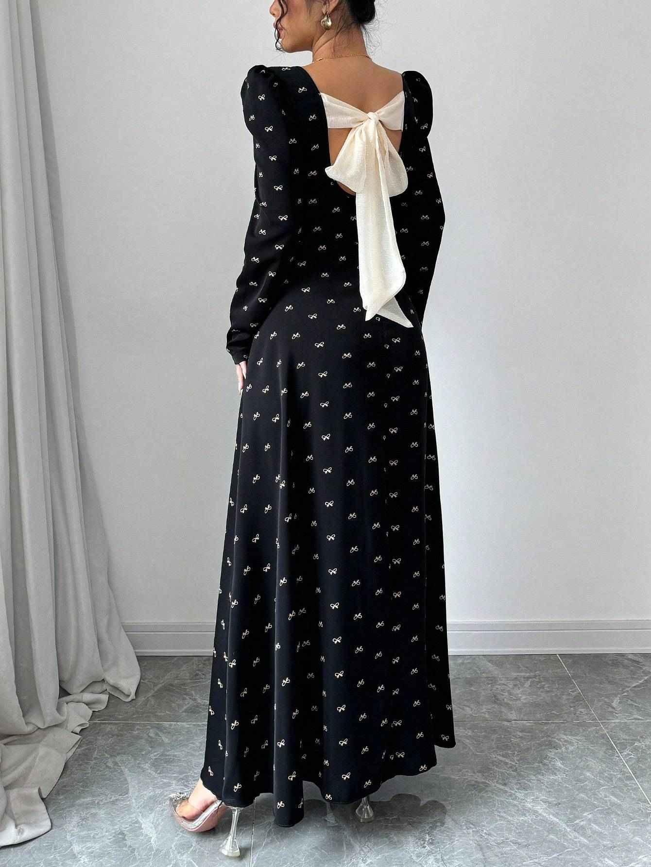 Vintage square neck dress: bubble sleeve design, backless strap to add sexy, retro style, women's fashion dress.
