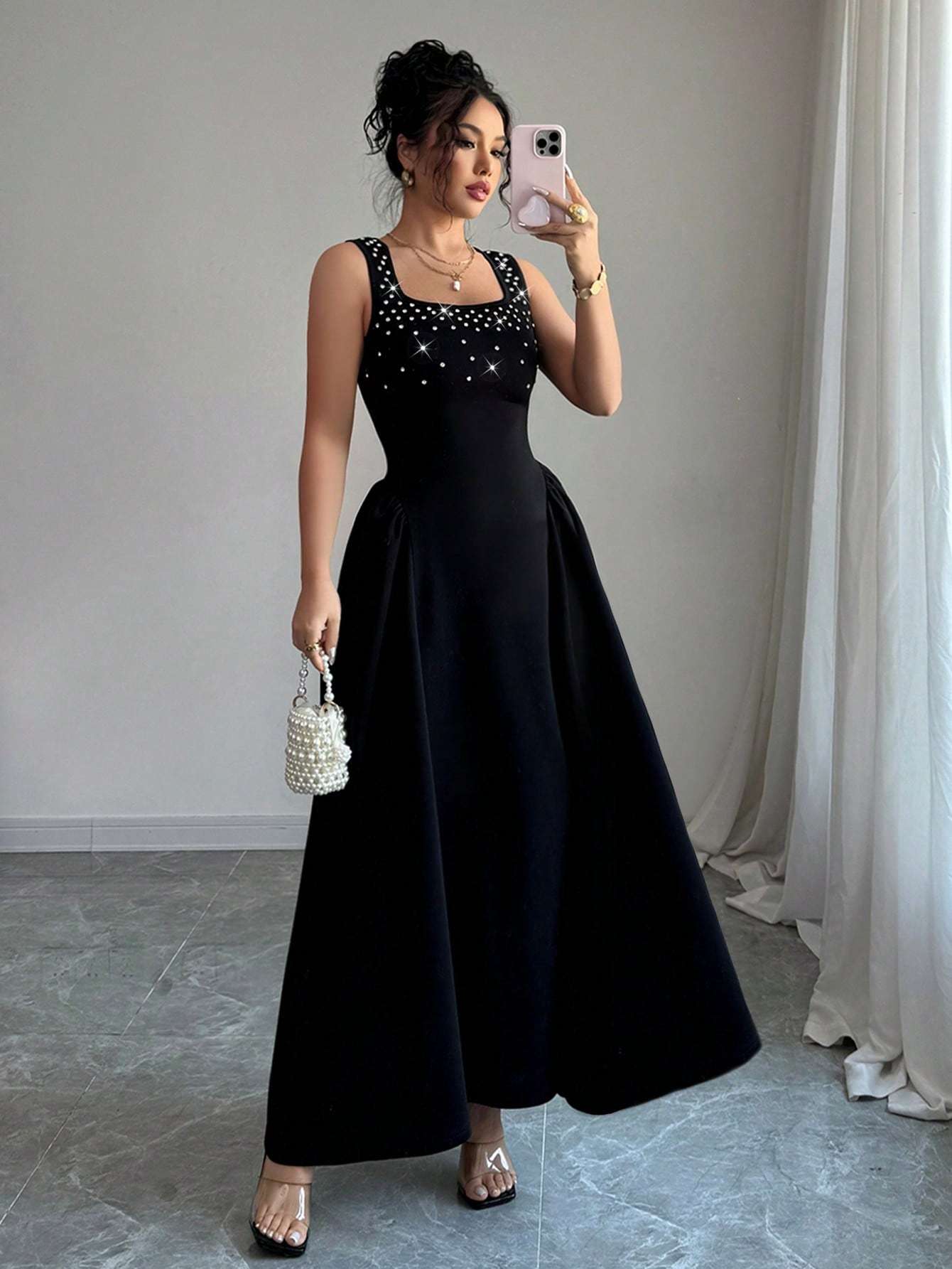 Elegant Black Sleeveless Maxi Dress with Sparkling Embellishments, Square Neckline, and Flowing A-Line Skirt - Perfect for Summer Events