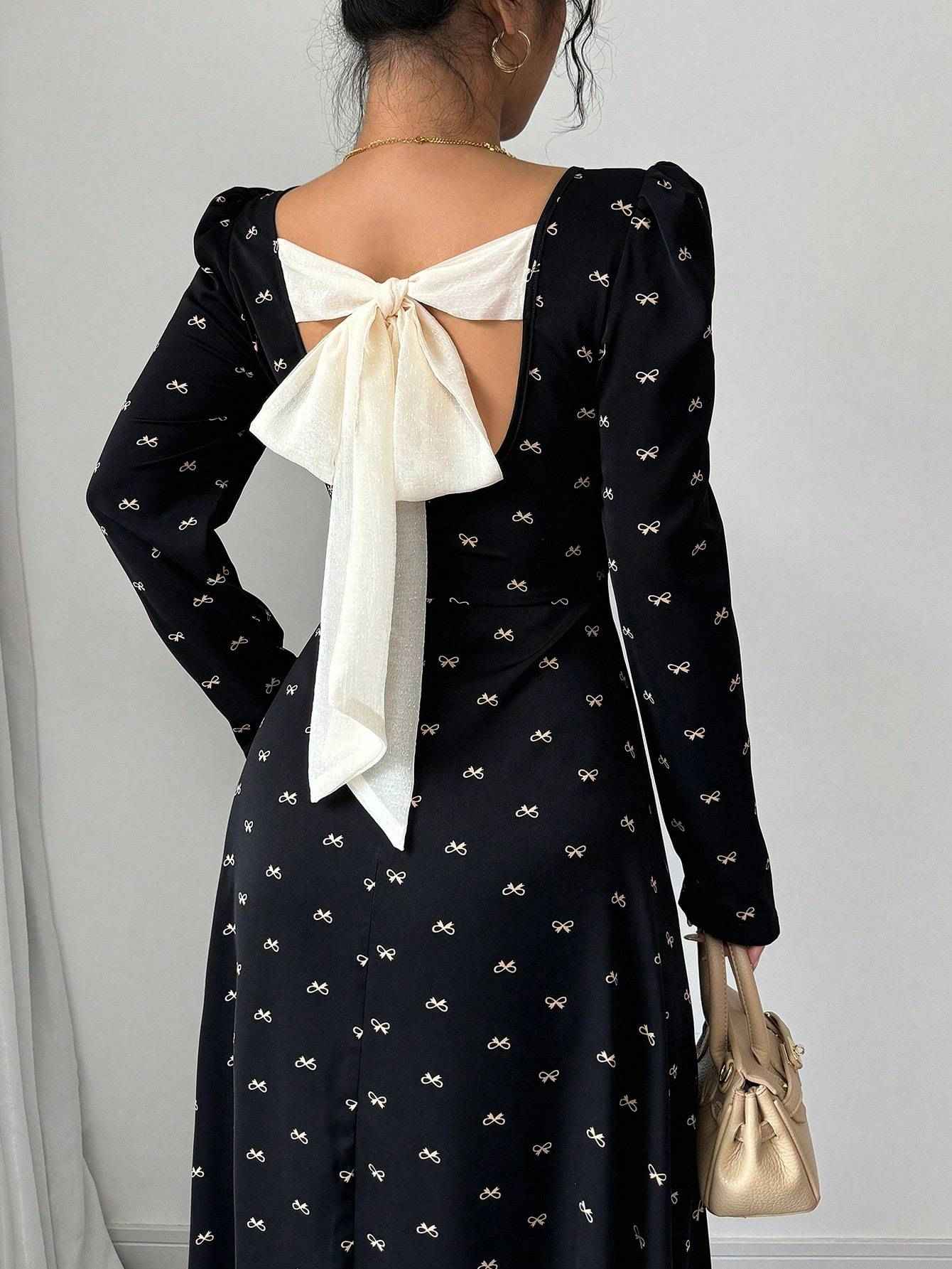 Vintage square neck dress: bubble sleeve design, backless strap to add sexy, retro style, women's fashion dress.