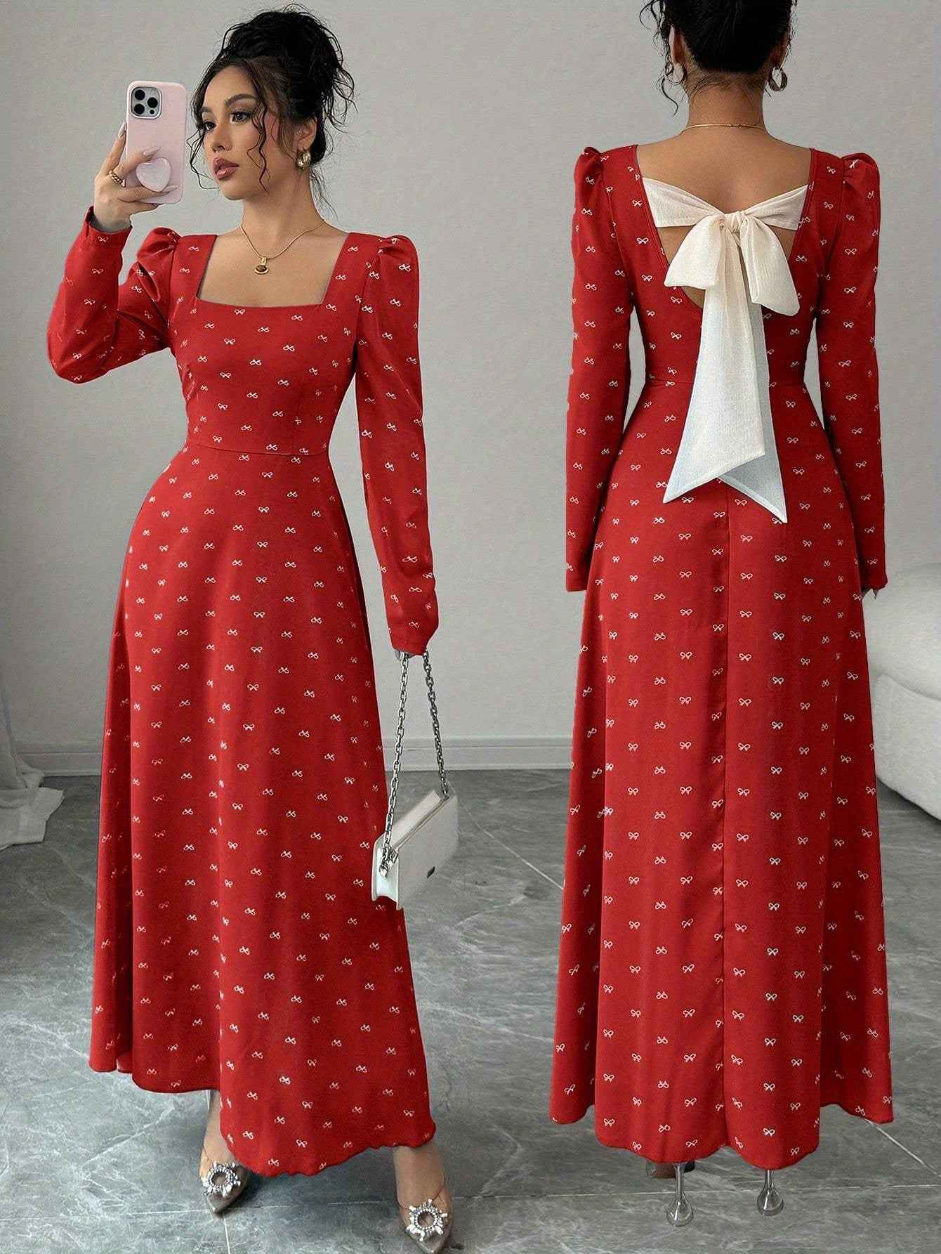 Vintage square neck dress: bubble sleeve design, backless strap to add sexy, retro style, women's fashion dress.