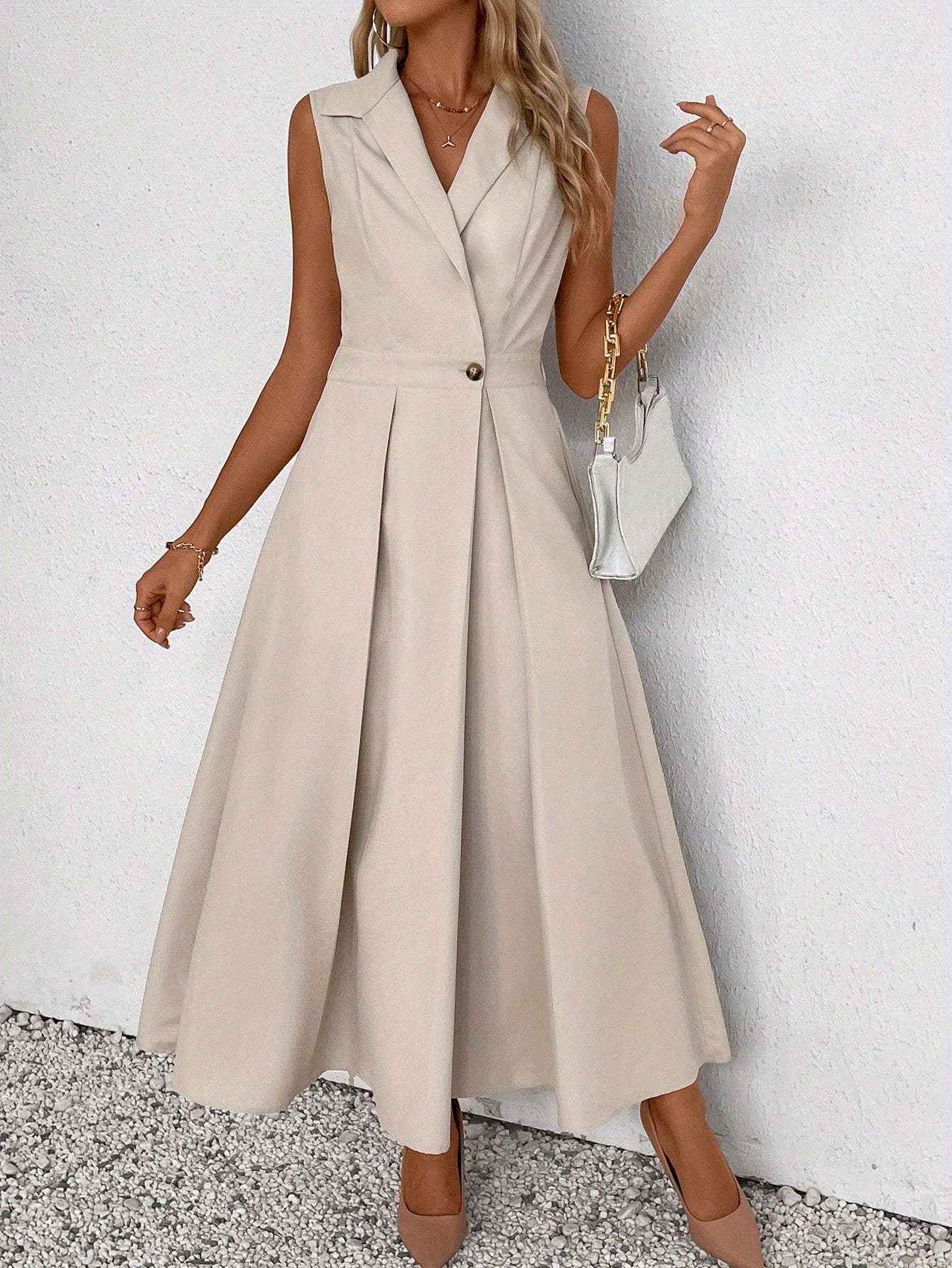 Ofashions Waist-cinched sleeveless dress with a large skirt, intellectual and elegant design for Women's office wear
