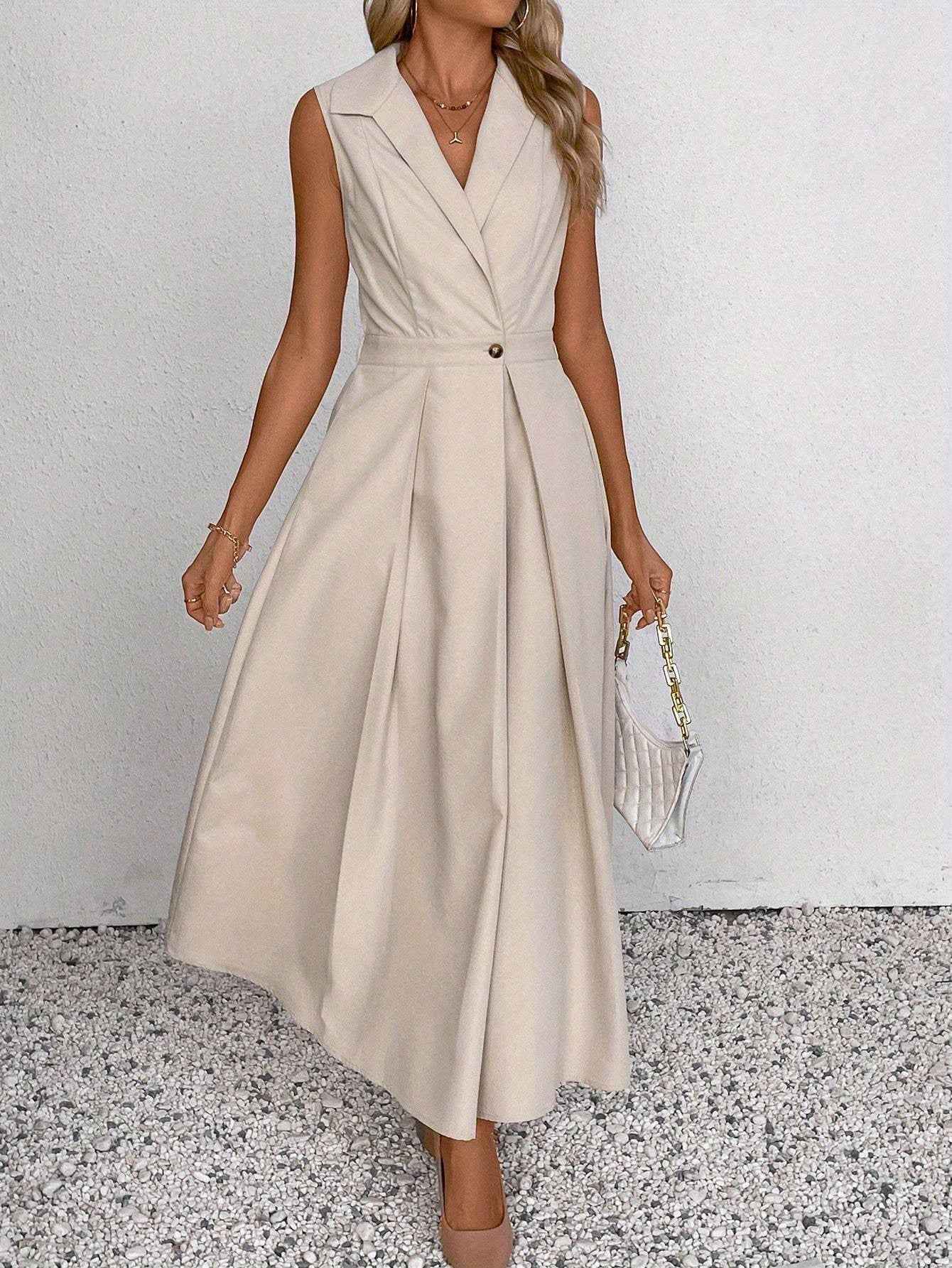 Ofashions Waist-cinched sleeveless dress with a large skirt, intellectual and elegant design for Women's office wear